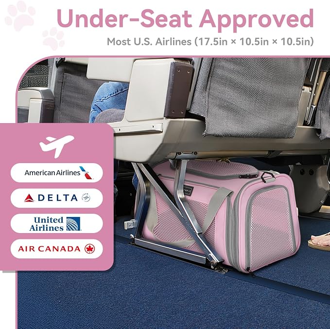 Petsfit Cat Carrier Airline Approved, 17.5×10.5×10.5 in, Pink | Escape-Proof Design with Locking Zippers & Safety Leash, Easy-Access 3-Way Entry, Washable Mat up to 12 lb - Image 2