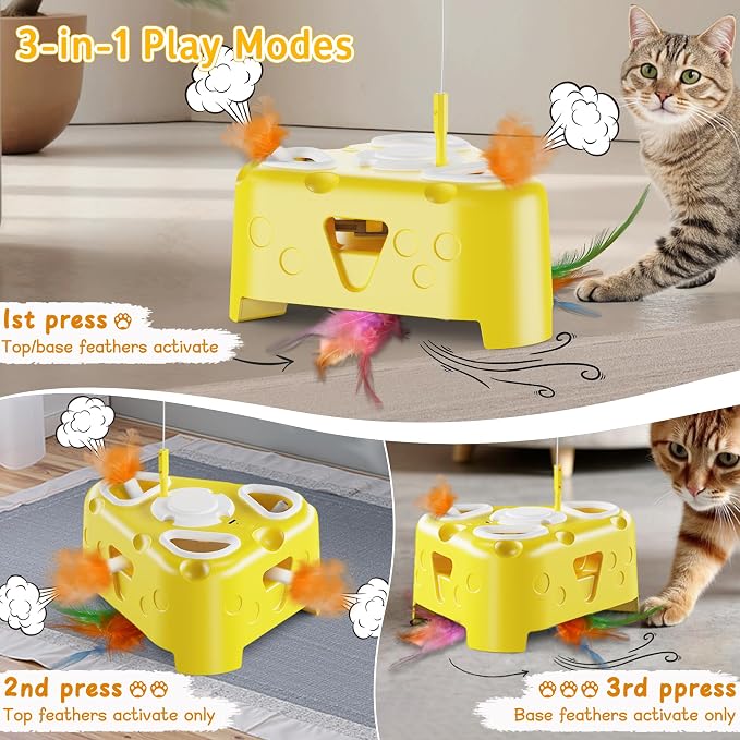 Automatic Cheese-Shaped Interactive Cat Toy – Flying Bird, 6-Hole Mole & Rotating Feather | USB Rechargeable Electronic Feather Toy for Indoor Adult Cats & Kittens, Relieves Boredom | Cheese-shaped non-slip base, 3 play modes, USB-C rechargeable 1200mA... - Image 3