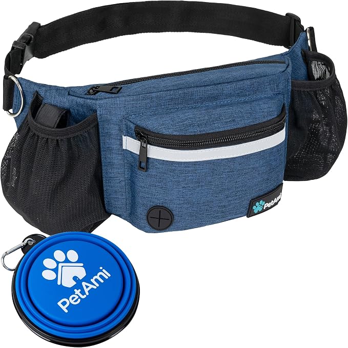 PetAmi Dog Fanny Pack, Treat Pouch for Dog Walking Training, Navy Blue | Built in Poop Bag Dispenser, Water Bottle Holder, Collapsible Bowl, Pet Treat Waist Belt for Hiking Running Kibbles by PetAmi