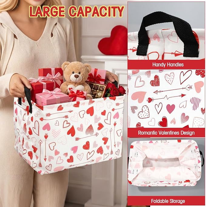 FoldTier 4 Pcs Valentine's Day Storage Baskets Empty Collapsible Valentines Basket with Handles Red Pink Black Heart Storage Boxes for Gifts Home Room Nursery Books Cloth Holiday Containers (Heart) - Image 3