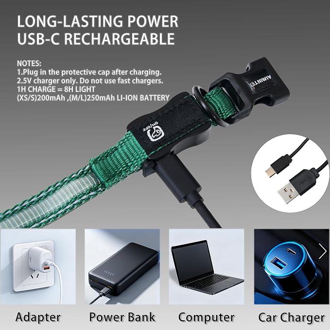 USB Rechargeable LED Dog Collar, Waterproof, Adjustable, Glowing, for Extra Small Dogs, Night Walking, Camping, Jogging, Green, XS (Neck 9-13", Width 5/8") - Image 5