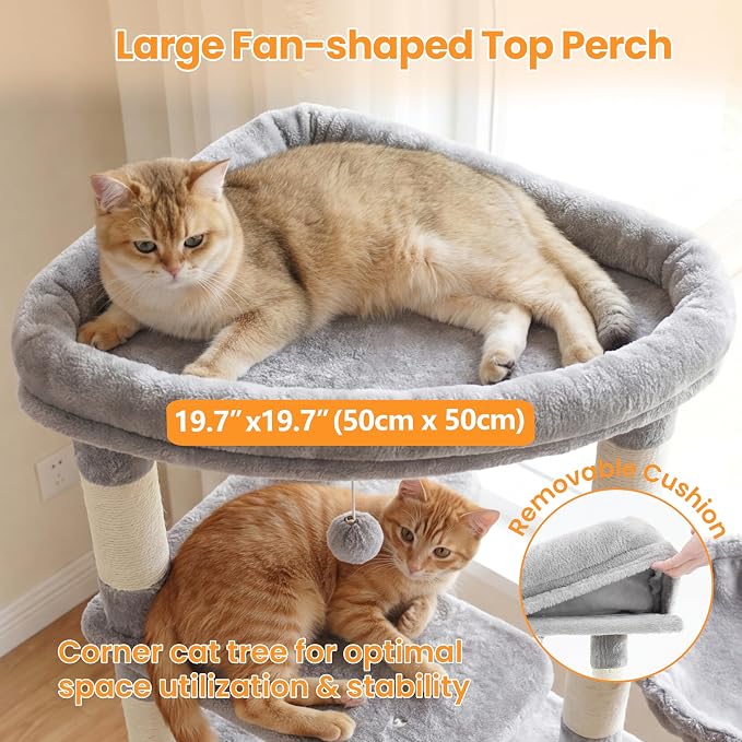 Cat Tree, 61 Inch Tall Cat Tower, Diamond-Shaped Cat Cave VCT001W | Cat Condo with Wide Top Perch & Basket, Sturdy Scratching Post, Interactive Toy for Large Indoor Cats, Light Gray - Image 3