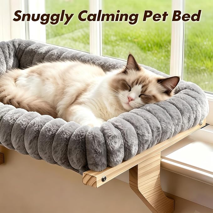 Zoratoo Cloud-Cuddle Cat Perch for Window Sill with Zipper Cushion, L Gray | 24.4’’x18’’, Removable for Machine Wash, Fluffy Plush Bolster, Sturdy Metal Frame for Large Cats up to 40lbs, Easy to Adjust - Image 5