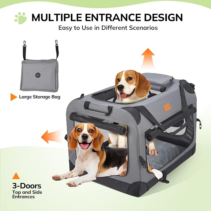 Morpilot 32-inch Portable Collapsible Dog Crate for Dogs up to 70lbs | Travel Dog Crate Soft-Sided for Medium Large Dogs, with Foldable Bowl, Shoulder Strap & Storage Pockets, Grey - Image 3