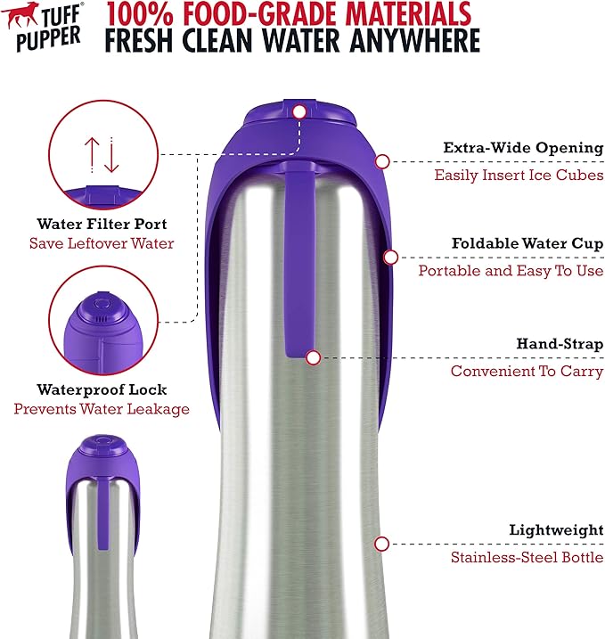 PupFlask Large Dog Water Bottle, Portable Stainless Steel Travel Bowl | 27 or 40 oz Leak-Proof Drink Dispenser with Built-In Cup and Carry Strap for Walking, Hiking and Travel; For All Dog Breeds - Image 5