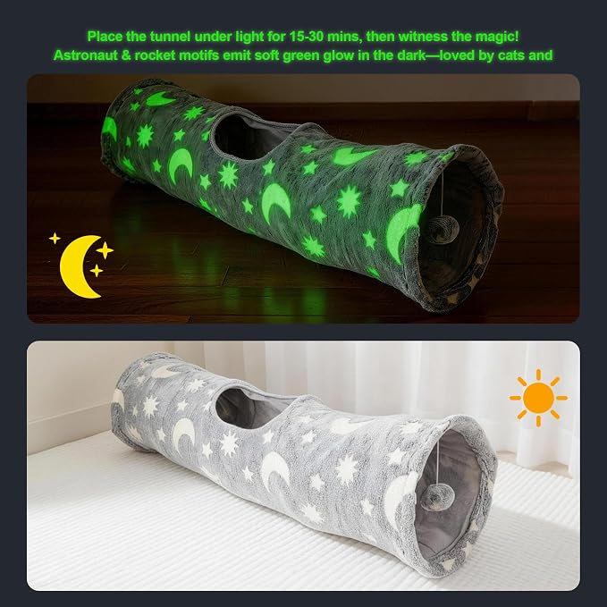 PAWISE Cat Tunnel for Indoor Cats, Glow in Dark Cat Tunnels with Pop-Up, 3-Way Collapsible Cat Play Tunnel Toy for Cats Kittens Rabbits, with Hanging Ball & Bell - Image 4