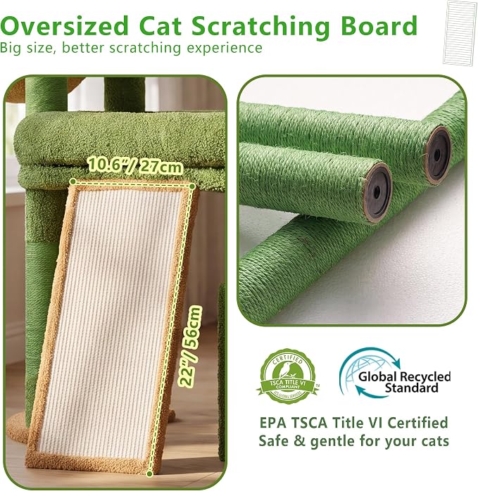 Heybly Cat Tree 72.4-Inch Anti-Tip Cat Tower with Spacious Perches HCT060GY | All-in-One Cat Furniture for Large Cats, Multiple Interactive Areas, Extra-Large Sisal Scratching Board, Green and Yellow - Image 4