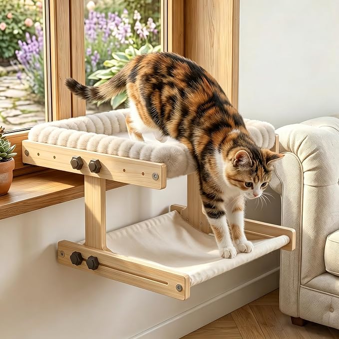 XiaZ Cat Perch for Window Cats Hammock Indoor Bed for Window Adjustable Wooden Frame Bird Watching Sunbathing Space-Saving Double Layer 18 * 16 * 10inch (Small Breeds Recommended) - Image 8