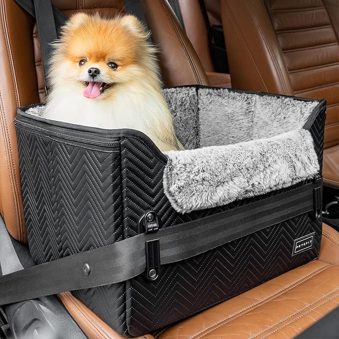 PETSFIT Small Dog Car Seat, Waterproof PU Leather Dog Carseat with Patent Safe Buckles, Clip-On Leash, Car Seat for Dogs, Cats Up to 25 lbs (Glossy Black) by Petsfit