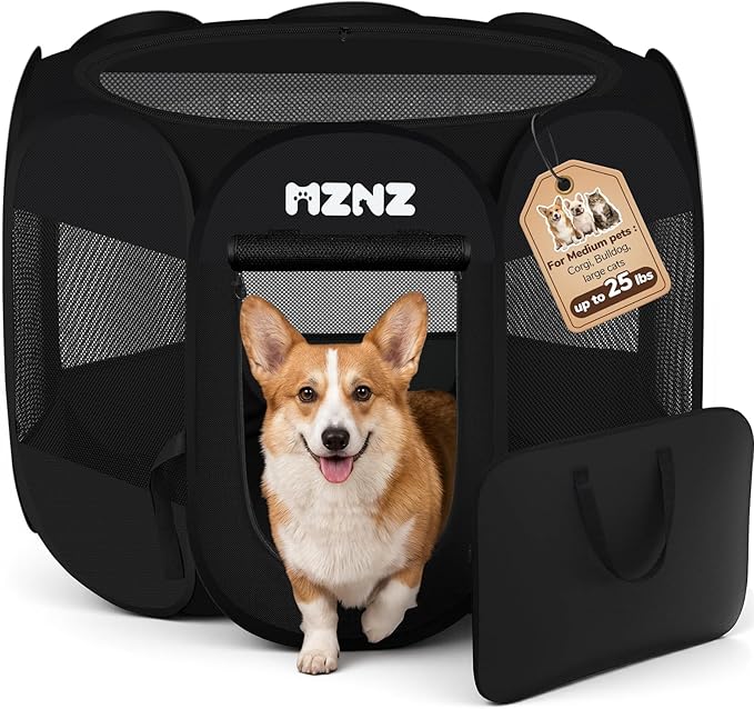 Dog Cat Small Animal Puppy Playpen Crate, Medium, Whole Black | Portable Pop Up Pet Cage Enclosure Tent Kennel Indoor Outdoor with Carrying Case, No Assembly, Camping Use by MZNZ