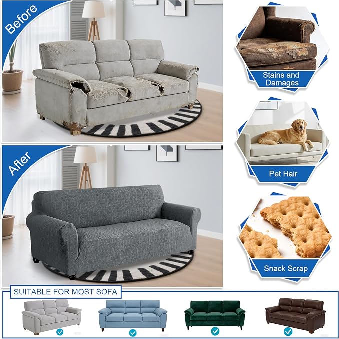 MAXIJIN Waterproof Couch Cover for 3 Cushion Couch, 1 Piece Stretch Sofa Covers Slipcovers with Non-Slip Elastic Bottom, Washable Furniture Protector for Dogs Pets (Large, Light Gray) - Image 6