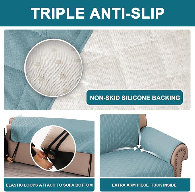 Turquoize 100% Waterproof Couch Cover Sofa Covers for 2 Cushion Couch Loveseat Covers Triple Non-Slip Couch Cover for Dogs Washable Furniture Protector Cover for Pets, Kids (Loveseat 54",Stone Blue) - Image 4