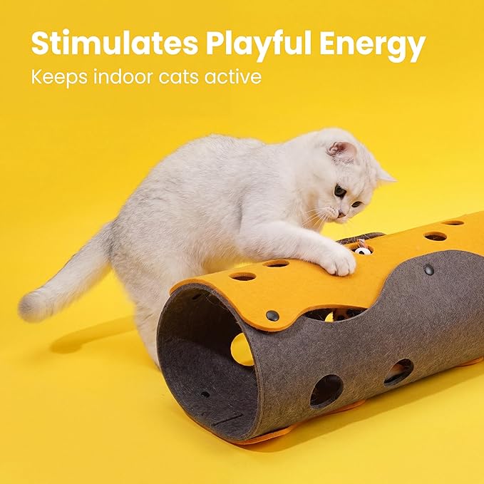 ZEZE Cheese Cat Tunnel for Indoor Cats, Felt Peek Hole Hide Tunnel Toy with Snap Buttons, Foldable Interactive Cat Play Mat for Hide & Seek and Indoor Enrichment - Image 4