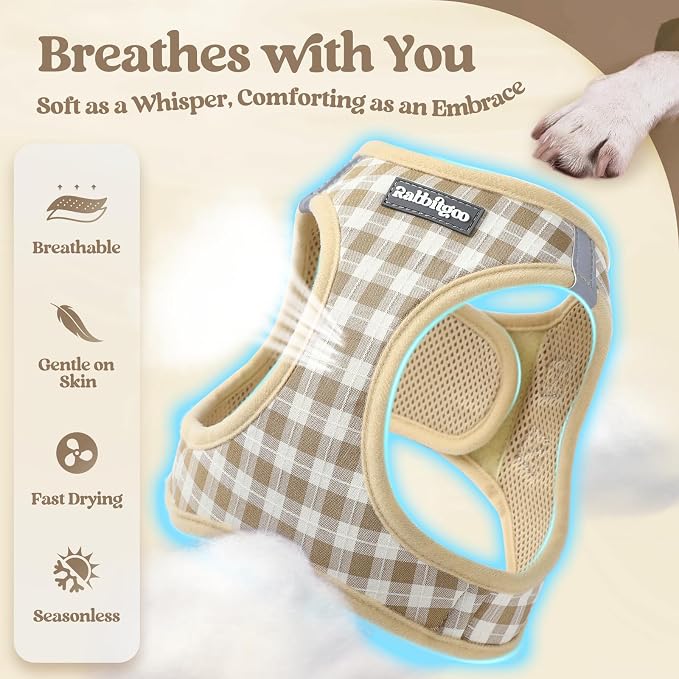 rabbitgoo Dog Harness Small Sized and Leash Set, Step-in Puppy Pet Vest | Light, Soft, Breathable Air Mesh, Easy on and Remove with Hook & Loop, Secure Reflective for Walking, Beige Check M - Image 4