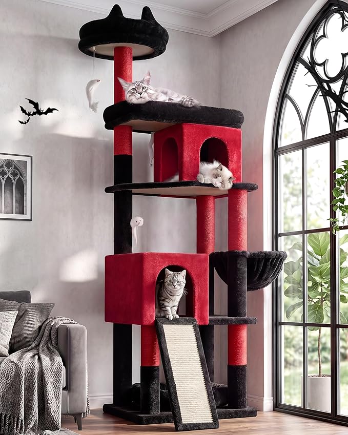 Globlazer Heavy Duty Gothic Cat Tree, 72in Large Cat Tower with Coffin Bed, Sturdy Maine Coon Cat Tree for Large Cats 20 lbs+, Medieval Castle Style with 6 Scratching Posts & Hammock, S72, Black & Red by Globlazer