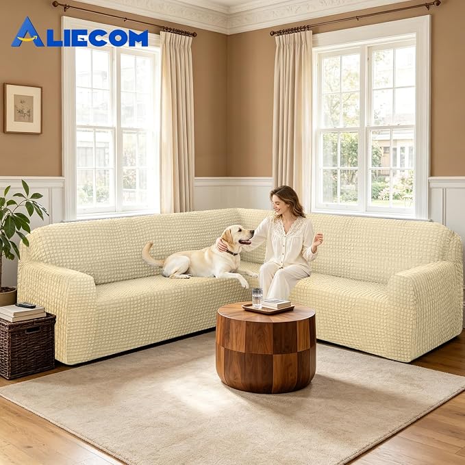 ALIECOM Corner Sectional Couch Covers Washable Sofa Cover L Shaped Couch Cover for Dogs Pets Stretch Soft Sectional Slipcovers with Non Slip Strips U Shape Furniture Protector (Bubble-Beige, Large) - Image 2