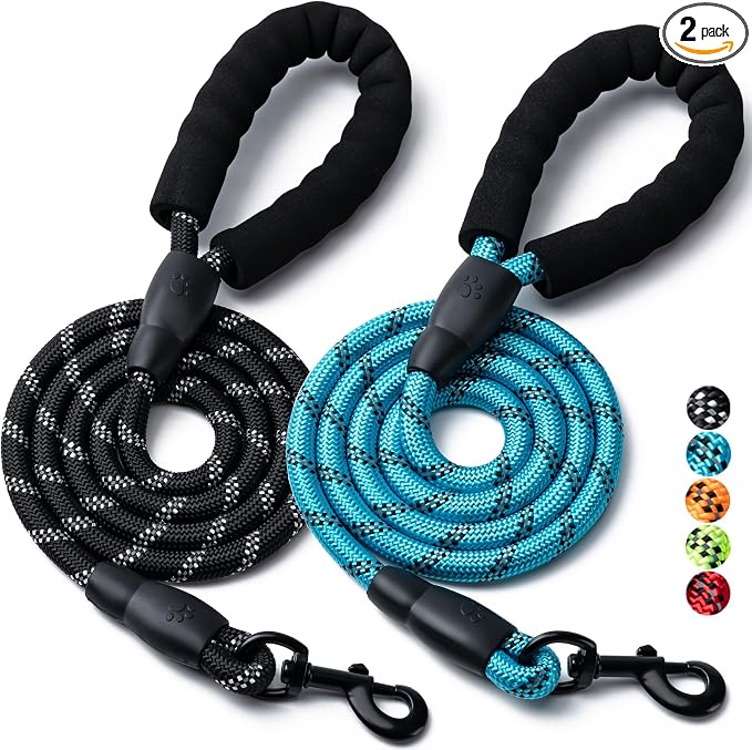 2 Pack Dog Leash, Heavy Duty Nylon Rope Pet Leashes(6FT-1/2,Black/Blue) | Comfortable Padded Handle, Anti-tangle Swivel Clip, Reflective for Night Walks and Training, Climbing Rope for Strong Pullers by BOOMIBOO