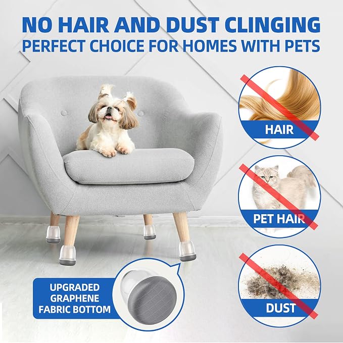 Extra Small Chair Leg Floor Protectors, Pet Hair Resistant, Fit 0.6"-0.8" | Chair Leg Caps for Carpet Hardwood Floors, Clear Furniture Feet Covers with Graphene Fabric Bottom, Reduce Noise-16PCS - Image 2