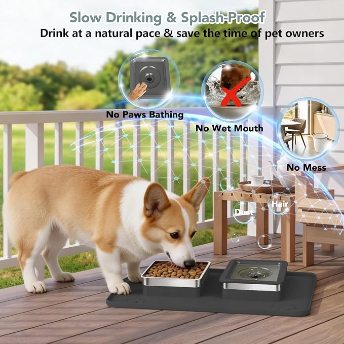 Dog Bowl Set, No Spill Dog Water and Food Bowl with Silicone Mat | Large Capacity 304 Stainless Steel Bowls, 2-In-1 Set, Slow Drinking, Anti-Slip Silicone Feeding Mat, Home/Travel, 6-7 Cups - Image 4