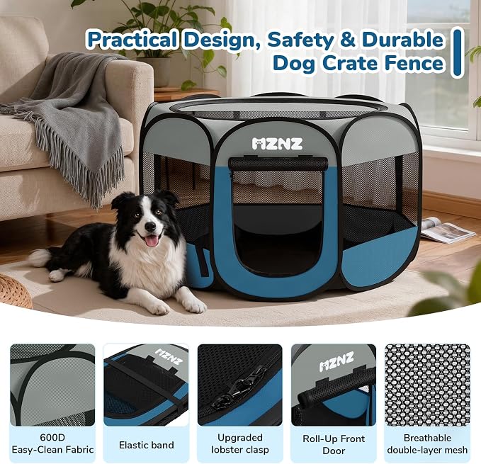Dog Cat Small Animal Puppy Playpen Crate, Large, Grey Blue | Portable Pop Up Pet Cage Enclosure Tent Kennel Indoor Outdoor with Carrying Case, No Assembly, Camping Use - Image 7