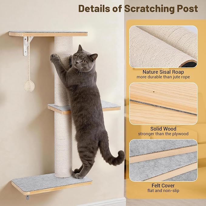 Wall Mounted Cat Shelves Set with Hammock | Sisal Scratching Posts, 3 Wooden Steps, Space-Saving Cat Tree, For Indoor Cats Up to 30 lbs - Image 5