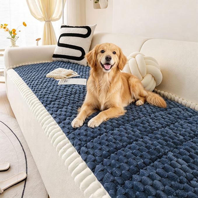 OTOB Dog Couch Cover Protector Washable, Non Slip Pet Sofa Furniture Covers | Blue, 27.6" x 82.7", Fuzzy Soft Plush, Pet Friendly, All Seasons, Breathable, Modern, Thick Wear-Resistant by OTOB