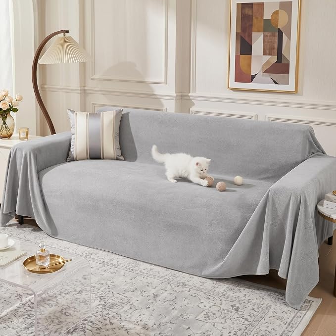 MEETSKY Couch Cover for 2 Cushion Sofa, Washable Cat Scratch Proof Sofa Covers Love Seat L Shape Soft Sectional Sofa Slipcover Furniture Protector for Dogs Pets Kids, 71" x 102", Light Grey by MEETSKY
