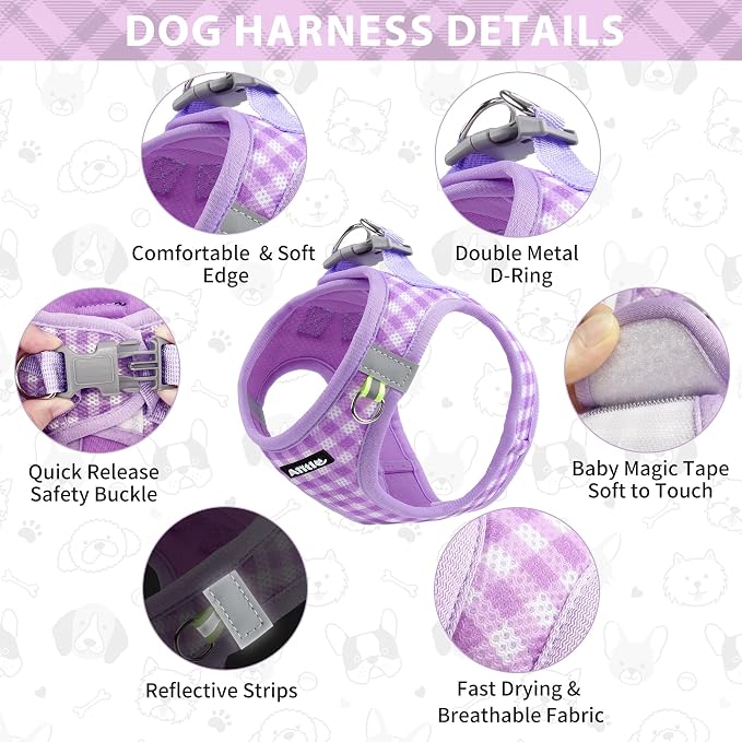 AIITLE Step in Small Dog Harness and Leash Set, Puppy Pet Vest, Purple S | Breathable Mesh, Adjustable Fit, No-Pull Reflective Design, Escape Proof, for Small-Medium Dogs, Outdoor Walking, Running - Image 6