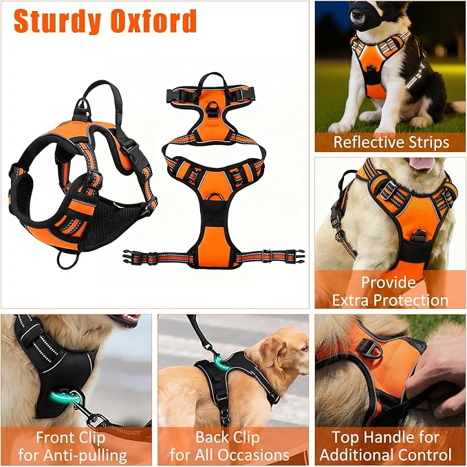 No Pull Dog Harness Adjustable Collar & Leash Set - Dog Halter Harnesses Collapsible Bowls & Poop Bag Dispenser Muzzle ID Tags Toys Fits Small Medium Large Dogs (Orange-M) - Image 3