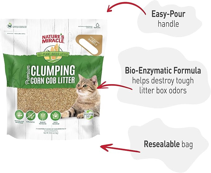 Nature's Miracle Premium Clumping Corn Cob Cat Litter, 10 lbs | Bio-Enzymatic Formula Detroys Tough Odors, 99.9% Dust Free, Premium Clumping Formula Aborbs Liquid, Resealable Bag - Image 6