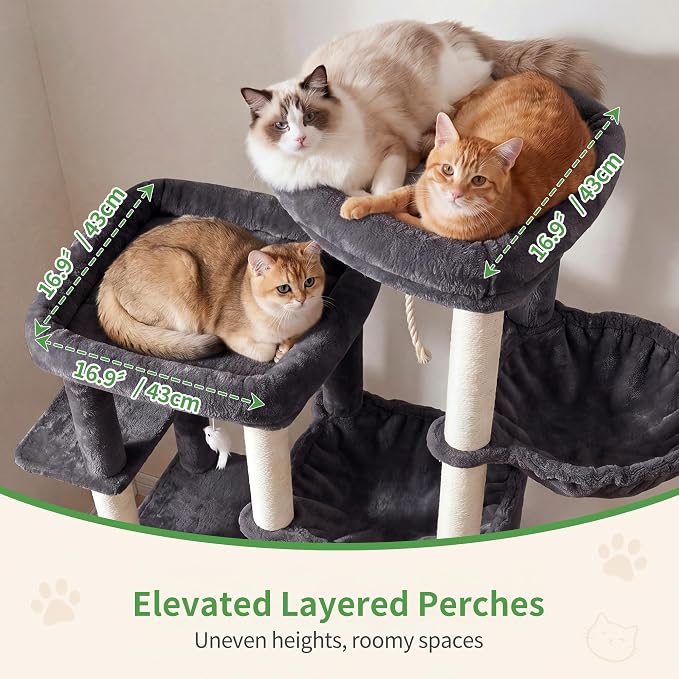 Heybly Cat Tree, 69.7 in Secure Anti-Tip Cat Tower for Large Cats HCT065G | Expansive Cat Furniture with Dual-Tier Cat Condo Villa, 2 Top Perches, Hammock & Full Sisal Scratching Posts, Smoky Gray - Image 3