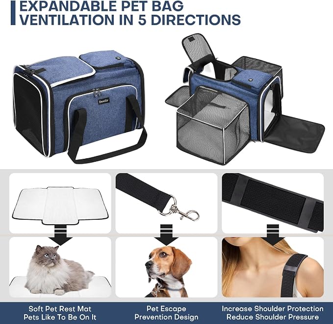 Pet Carrier, Large Soft Sided Expandable Travel Carrier with Steel Frame, Anti-Scratch Mesh, Removable Fleece Pad and Pockets for Cats, Dogs and Small Animals up to 15 lbs (Blue, 4 Sides Expandable) - Image 7