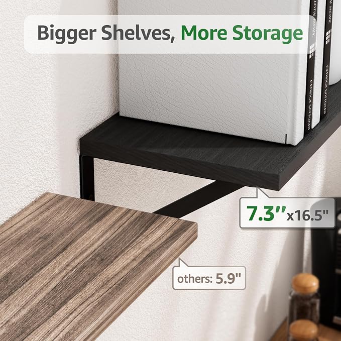 Wall Shelves 7.3" Deep Solid Paulownia Wood (Black, Set of 4) | 15mm Thick, Wider & Longer & Stronger, Easy to Install, Floating Shelf for Room Wall, Bathroom Bedroom Office Organizer - Image 3