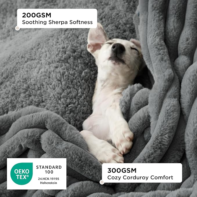 Bedsure ComfyFleece™ Waterproof Dog Blankets for Large Dogs,50x60 | Soft Plush Couch Cover,Washable Corduroy Fleece for Furniture Protector,Cozy Calming Reversible Pet Blanket, Warm Grey - Image 3