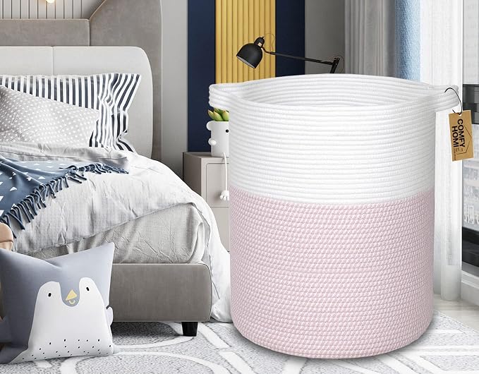 COMFY-HOMI XXL Large Laundry Basket with Handles Blanket Baskets Living Room|Woven Cotton Rope Decorative Basket Laundry Hamper Baby Basket Nursery Dog Toy Storage Organizer Bin-16”x18”-White/Pink - Image 7