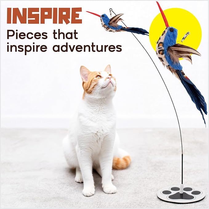 Interactive Cat Toys for Indoor Cats: Flying Bird Cat Toy Wand 5 Attachmets | Trigger natural hunting instincts! The no-topple base secures 5 bird feather lures for vigorous, active play. - Image 6