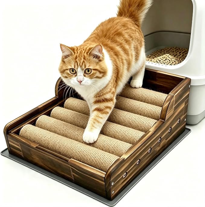 Cat Litter Box Step with Sisal Scratching Post Litter Catcher Mat (Natural) | Multi-Purpose Wood Anti-Tracking Cat Scratcher Bed Litter Box Ramp, Fits Standard Cat Litter Boxes by Unknown