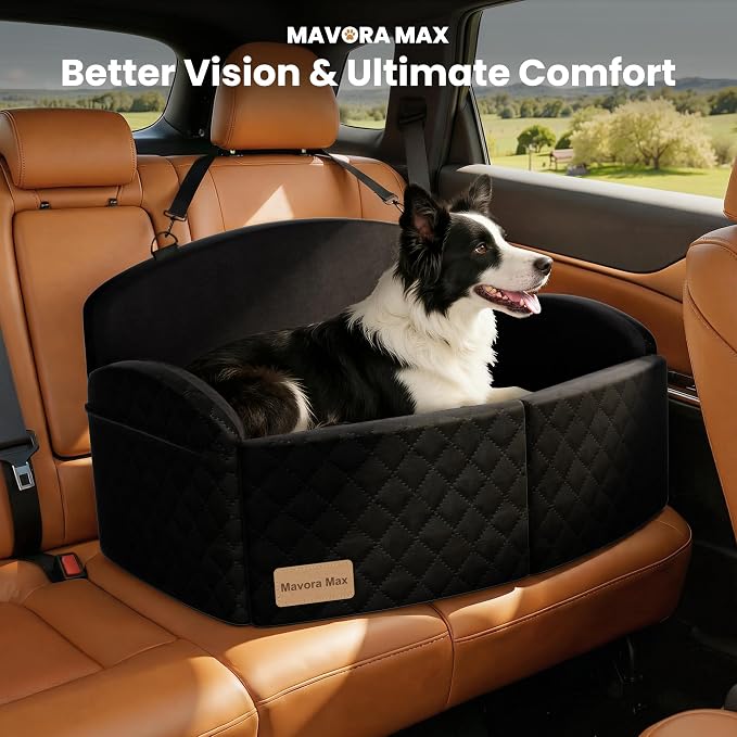 Dog Car Seat for Medium/Large Dogs, Pet Booster Car Bed up to 55lbs, Black | Dog Car Seat for 2 Small Dogs, Memory Foam Cushion, Detachable Washable Cover, 2 Safety Leashes, Non-Slip, Fits Back Seat - Image 2