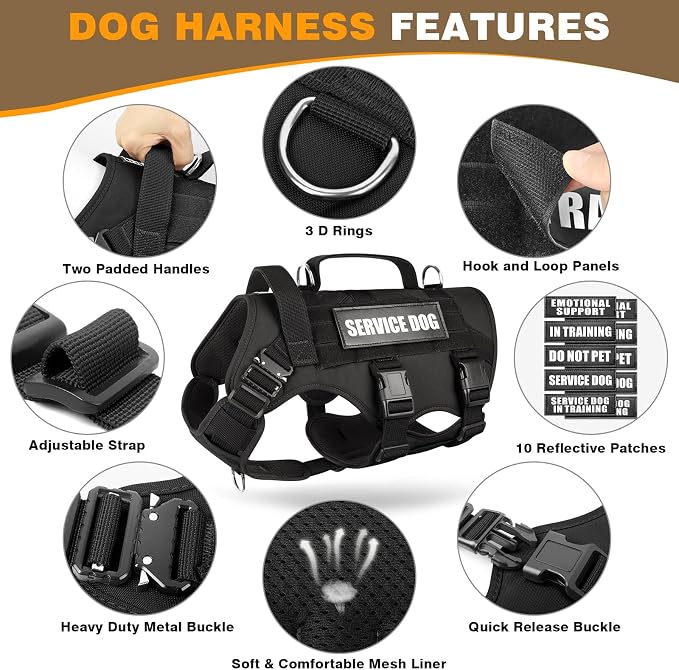 Service Dog Vest Harness for Large Dog, Tactical Working MOLLE Vest with 10 Pet Patches, No Pull Heavy Duty Harness for Training Walking - Image 3