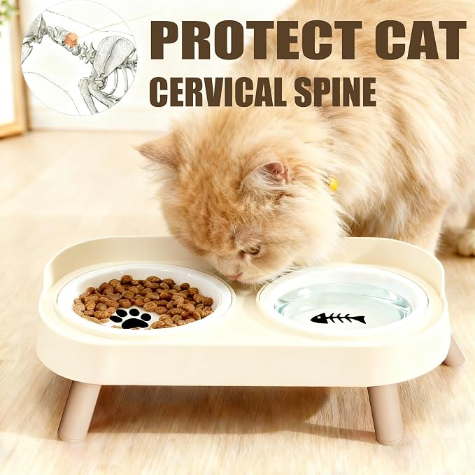 Elevated Cat Bowls, 2 Ceramic Raised Cat Food and Water Bowl Set, Prevent Cat Chin Acne, Whisker Fatigue Friendly, Splash Proof & Dishwasher Safe for Indoor Cats and Small Dogs - White - Image 2