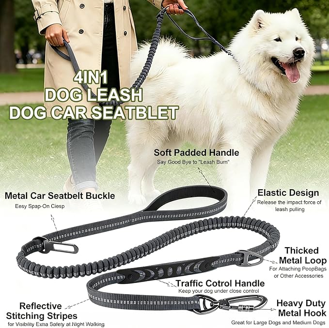 Dog Leash Heavy Duty, Bungee Leash Reflective Car Seat Belt for L Dogs Grey | 4-6FT Strong Shock Absorbing Tactical with 2 Padded Handles, Dog Tug Lead for Large XL Dogs Walking Running Training - Image 3