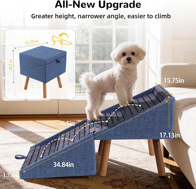 Dog Stairs for Small Dogs, 2-in-1 Pet Steps & Ottoman | Foldable Dog stairs for Couch, Non-Slip Wooden Pet ramp for Puppy Senior Injured Dogs (Blue, XL(17.13H)) - Image 3