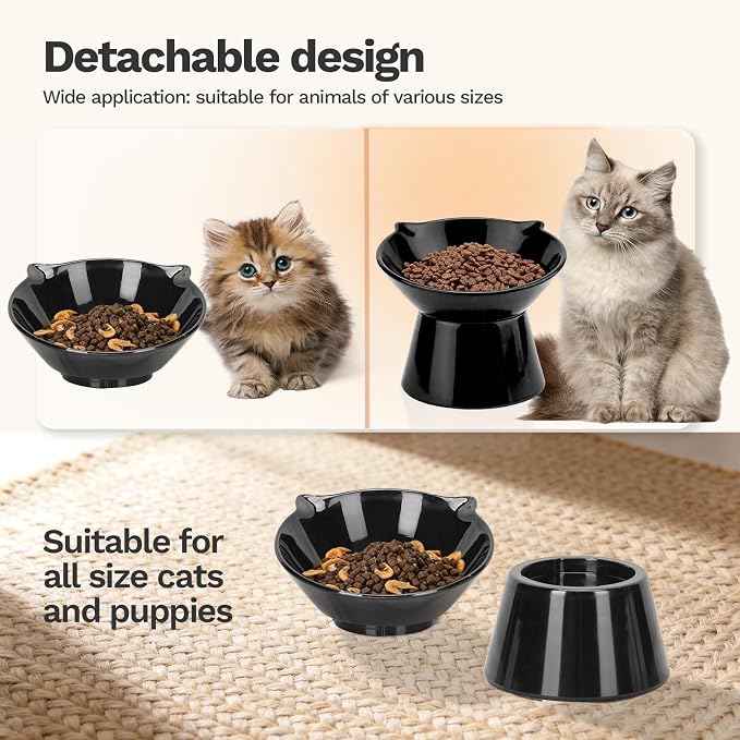Raised Cat Bowls, 6.3" Extra Wide Shallow Elevated Cat Bowl Detachable, 15° Tilted Whisker Friendly Cat Feeding Bowl, 16oz Capacity, Anti-Vomiting, Neck Protection, Food&Water for Cats Puppies, Black - Image 4