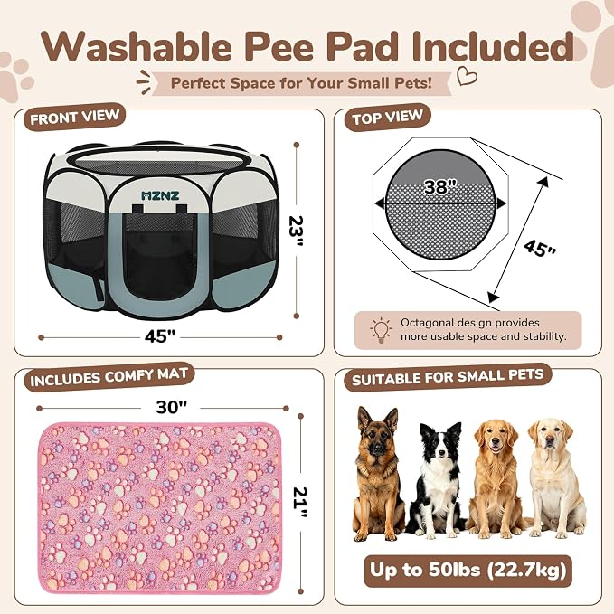 Dog Cat Small Animal Puppy Playpen Crate with 2 Blankets, Large, Grey | Portable Pop Up Pet Cage Enclosure Tent Kennel Indoor Outdoor with Carrying Case, No Assembly, Camping Use - Image 2
