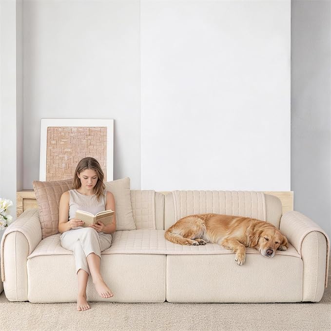 Velvet Washable Couch Cover for Dog,L Shape Sofa Cover for Pets. | 27.6"x90",White,Sectional Couch Cover,Soft Velvet,Non-Slip,Furniture Protector,quilted - Image 3