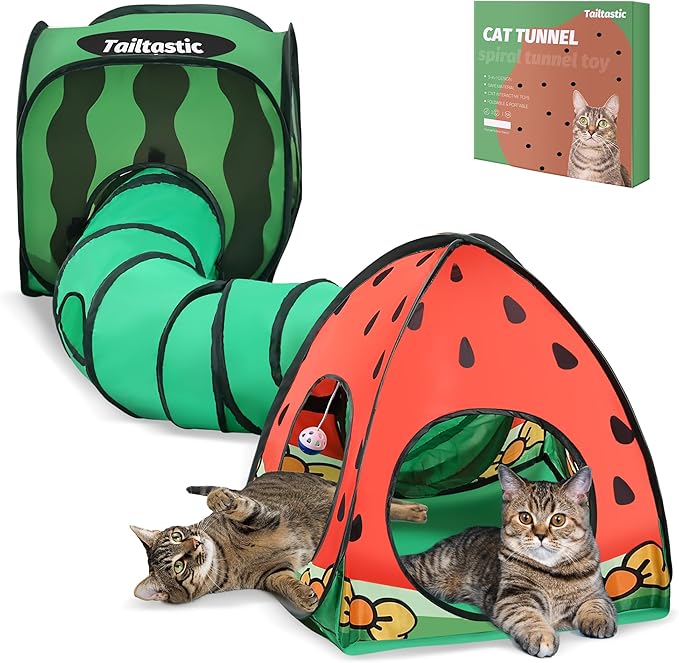 Tailtastic 3-in-1 Watermelon Cat Tunnel with Cube, Tent & Ball for Indoor | 3-way S-tunnel with hide & seek portals & balls, multi-cat cube,30-sec hook-and-loop assembly, foldable for easy storage by TailTastic