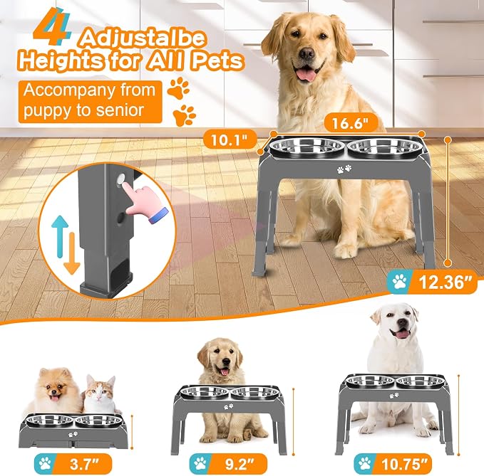 Elevated Bowls, 4 Height Adjustable Raised Stand with 2 Thick 50oz Stainless Steel Food Bowls, Non-Slip Feeder for Large Medium Dogs, Adjusts to 3.7", 9.2", 10.75", 12.36" Grey (Pack of 2) - Image 2
