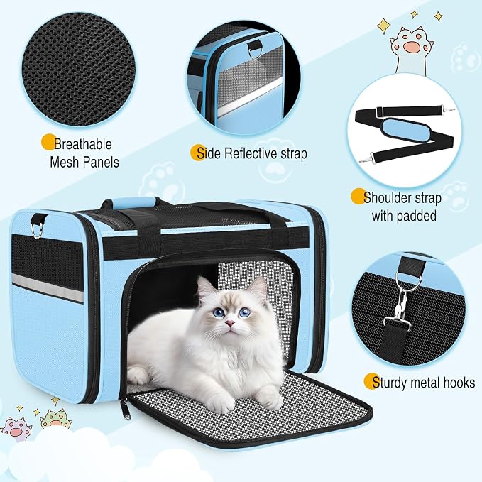 HUANLANG Large Cat Carrier Travel Soft Sided Pet Carrier Airline Approved | Dog Carriers for Small Dogs Medium Cats,Collapsible,3 Storage,zipper lock,Reflective strips,Luggage Strap, Up to 15 Lbs - Image 2