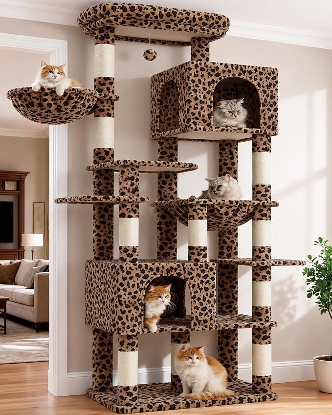 Heybly Cat Tree, 76-Inch Tall Heavy Duty Cat Tower for Big Cats HCT039BW | Multi-Level Large Cat Furniture with Extra Wide Baseboard, 2 Condos & 2 Hammocks, 10 Scratching Posts, Leopard Print by HEYBLY