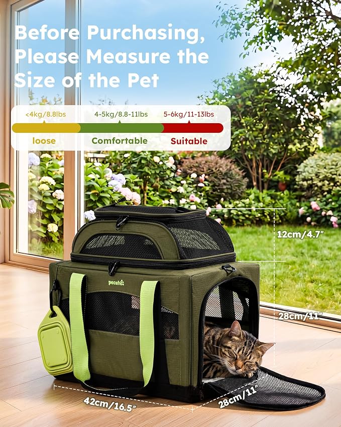 Pecute Cat Carrier,Top Expandable Dog Crate for Travel, Green | 5mm Anti-Collapse Steel Frame, Soft Mesh, Vet Visits, Foldable Travel Crate,Outdoor Hammock, Leakproof Pee Pad & Bowl - Image 9